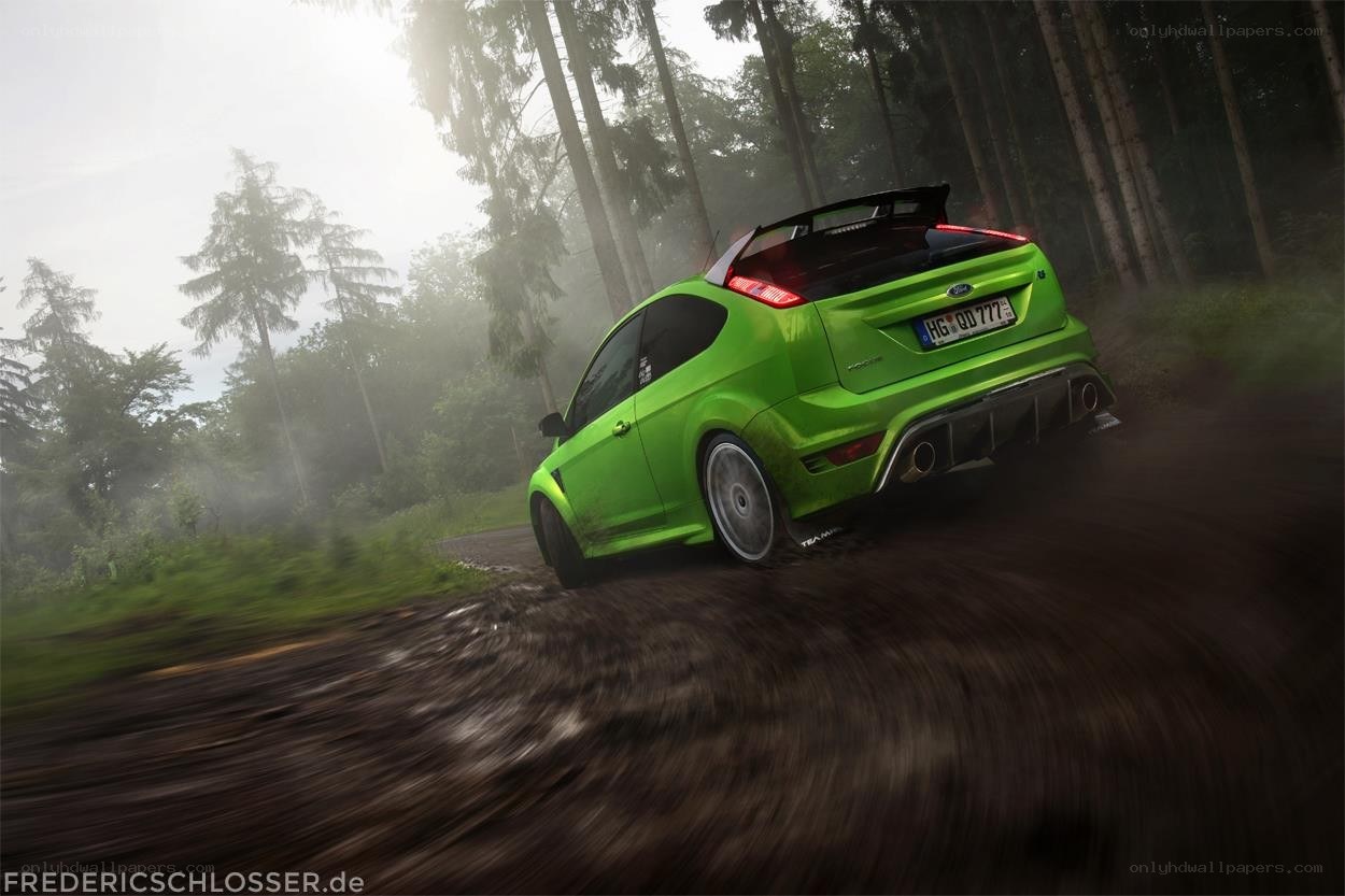 Green car drifting in forest