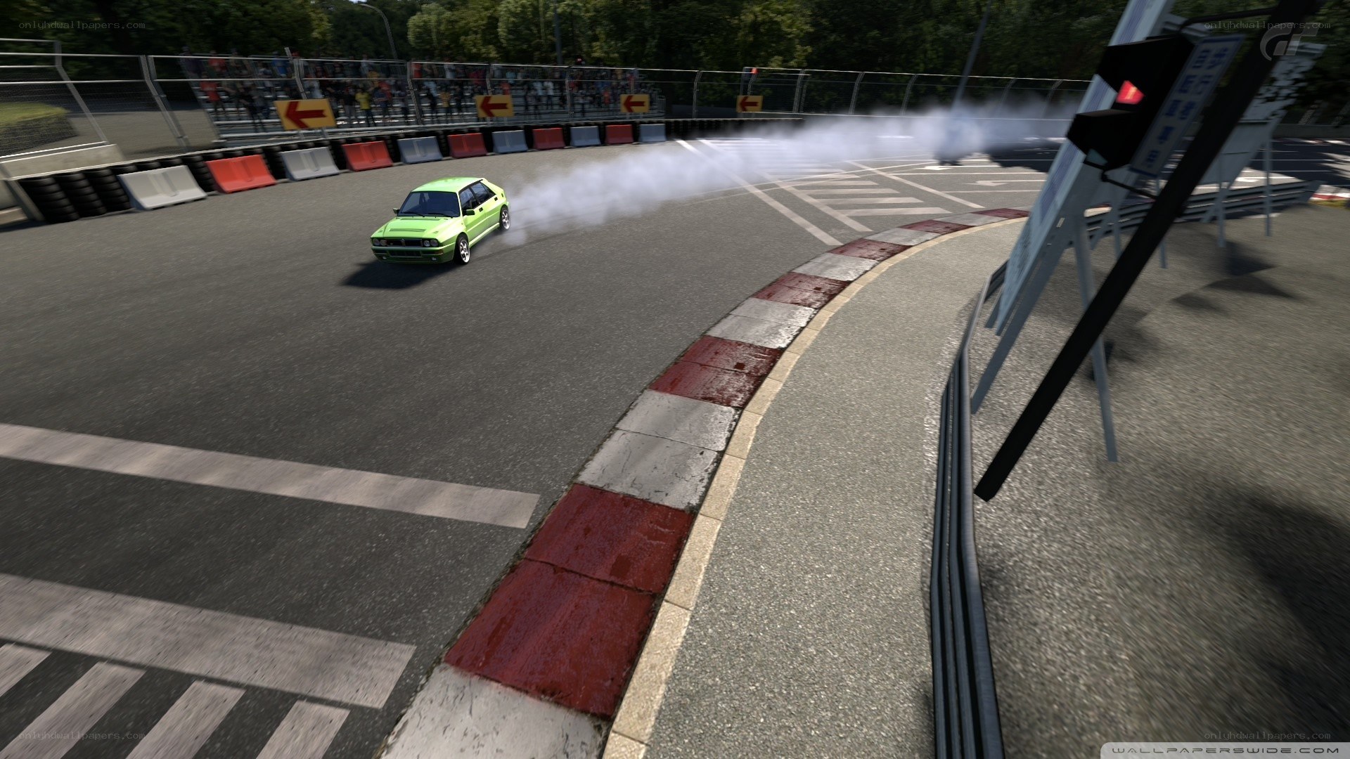Green car drifting on track