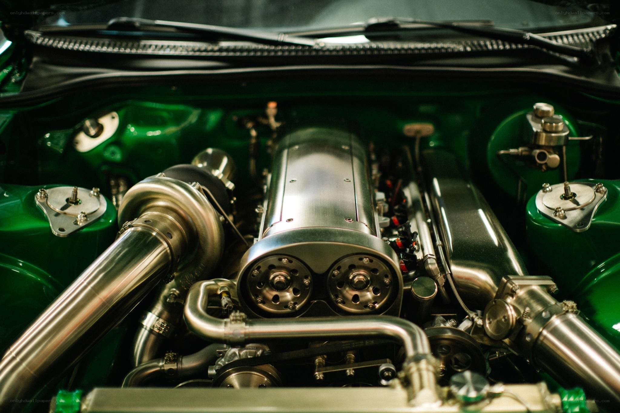green car engine bay