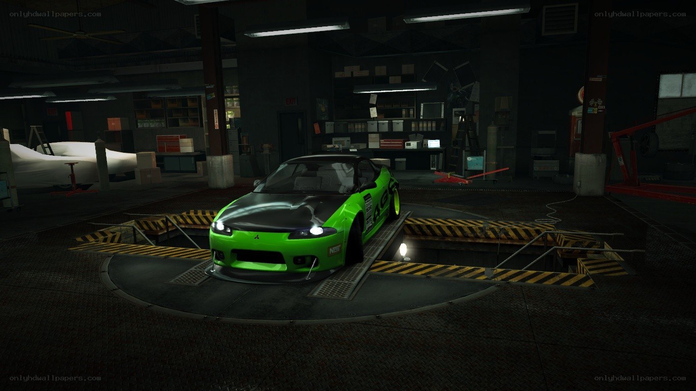 green car in garage