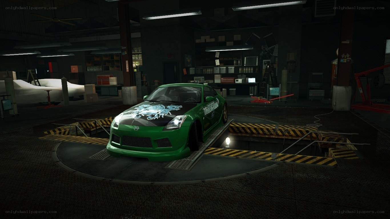 green car in garage