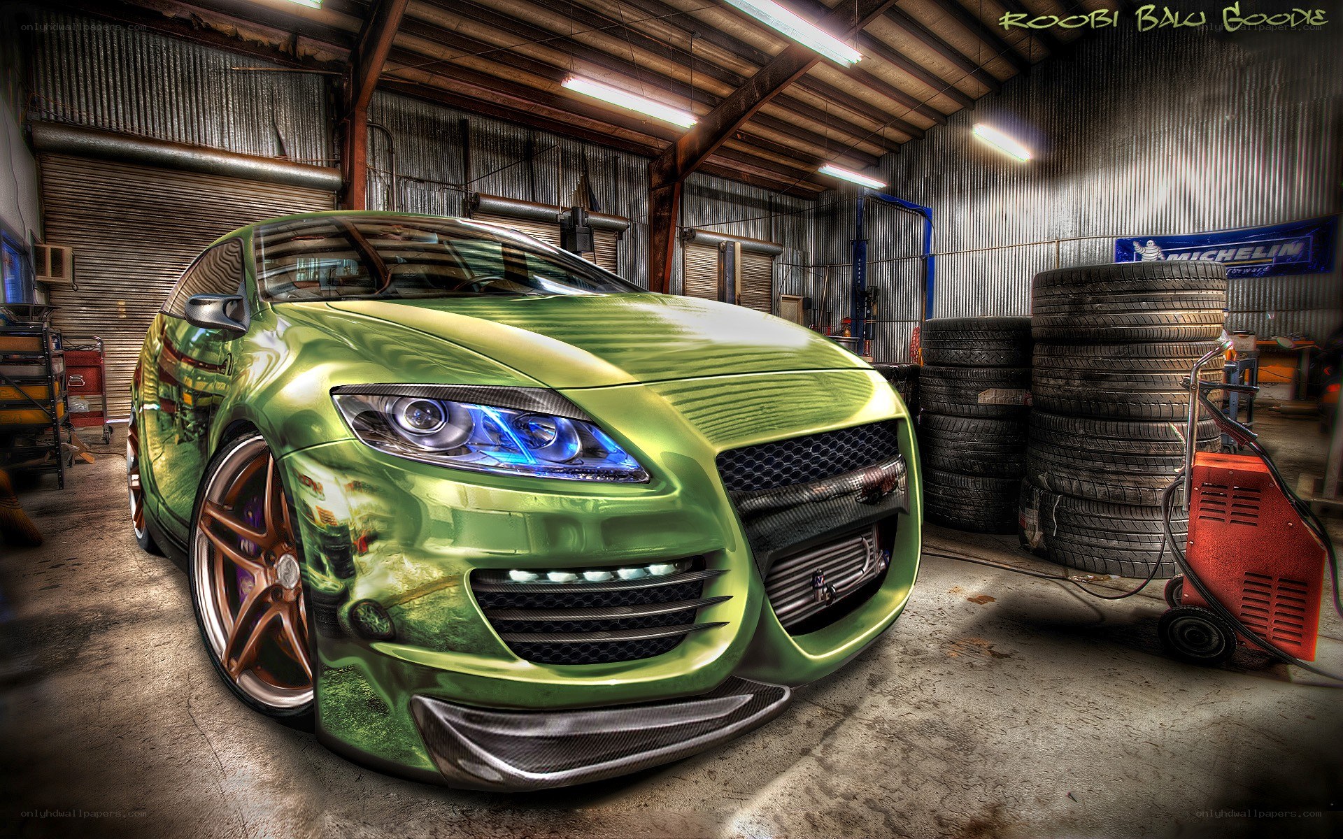 green car in garage