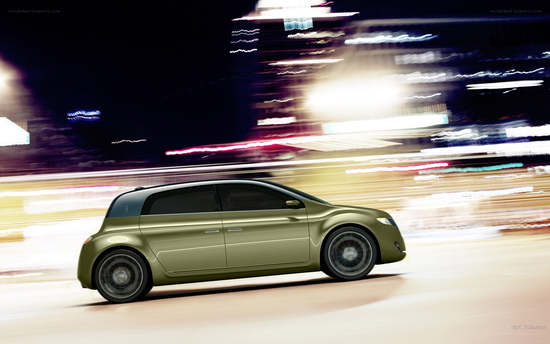 Green car in motion at night