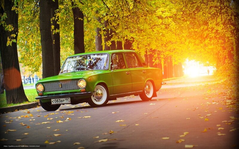 Green car on autumn road