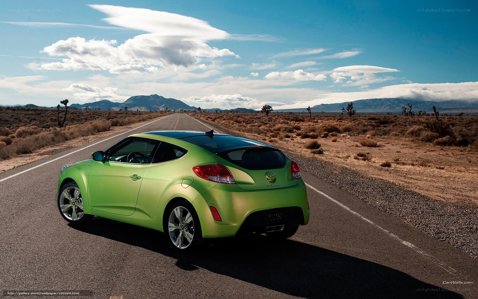 green car on desert road