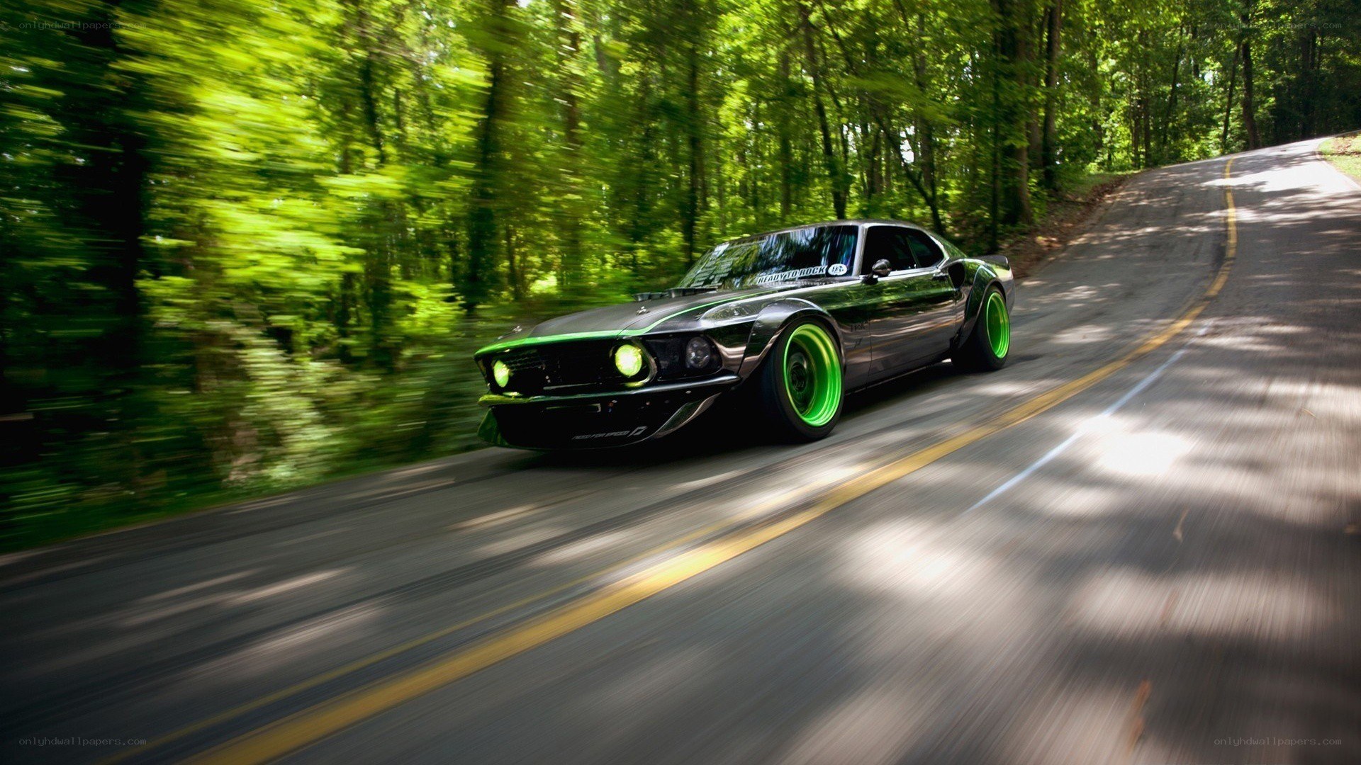 green car on forest road