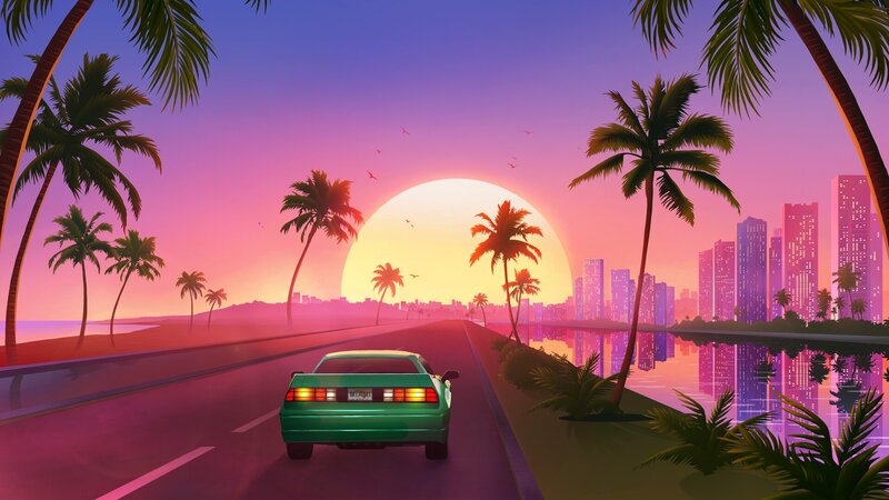 Green Car on Highway — Pink