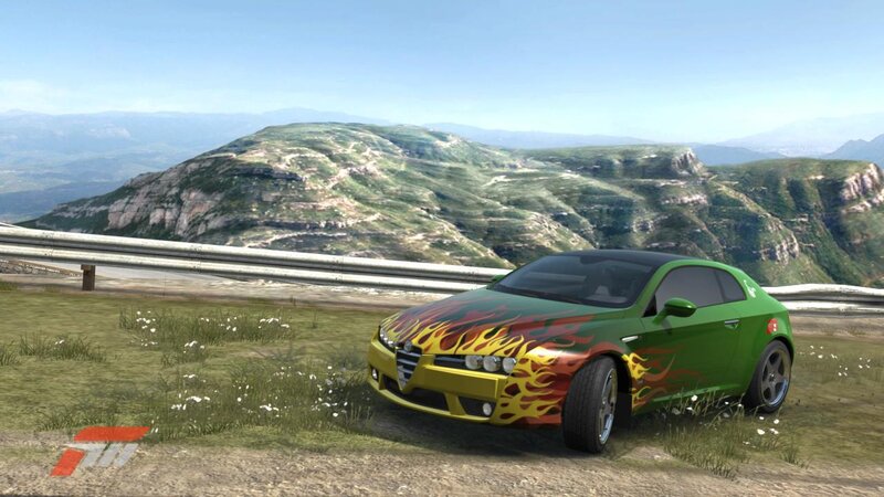 green car with flame decals