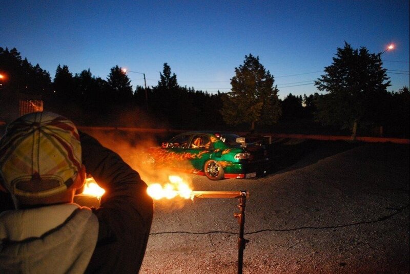 Green Car with Flames