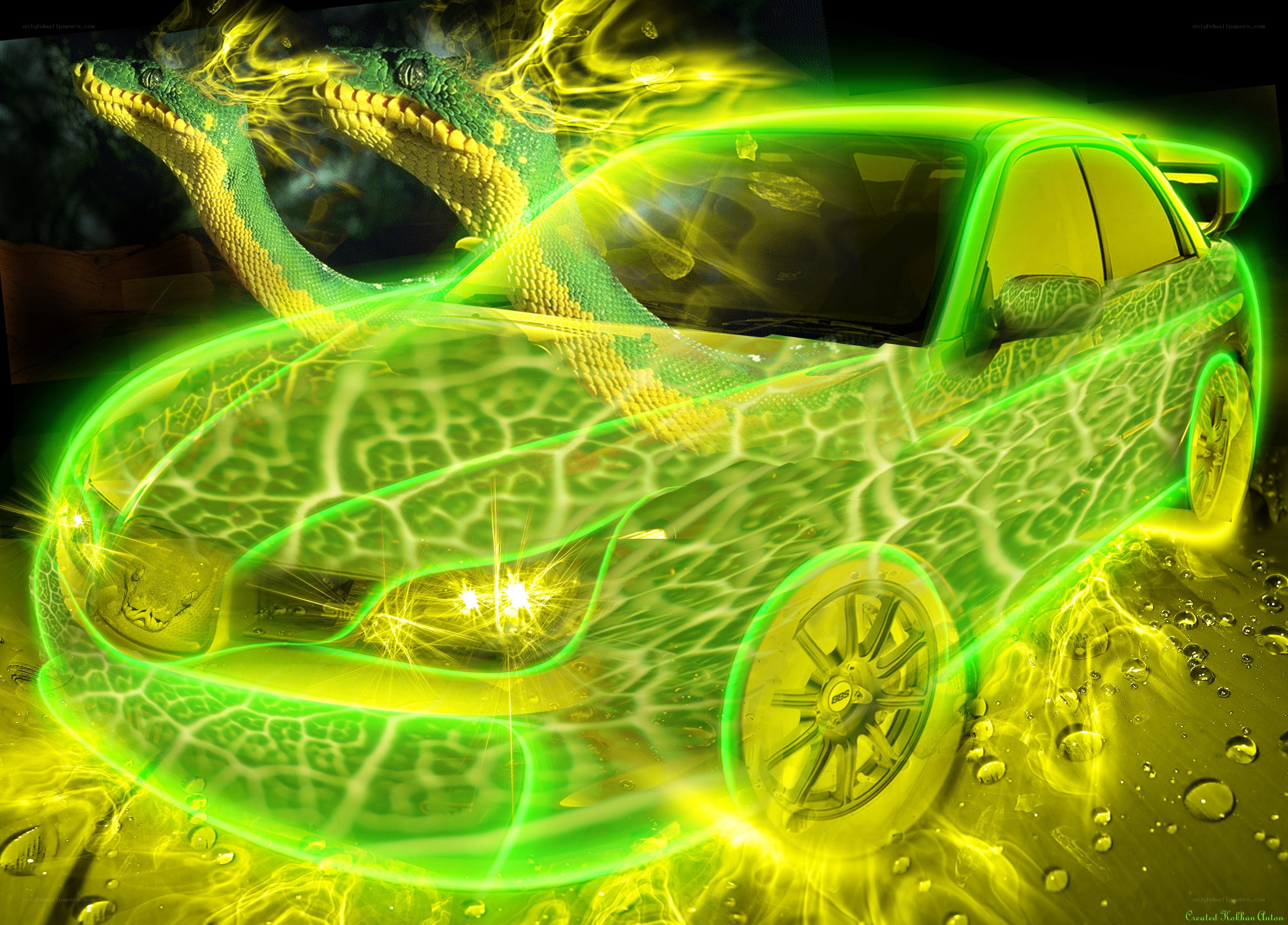 green car with glowing snake