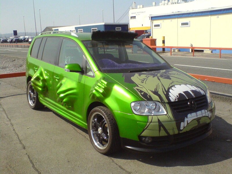 green car with hulk design