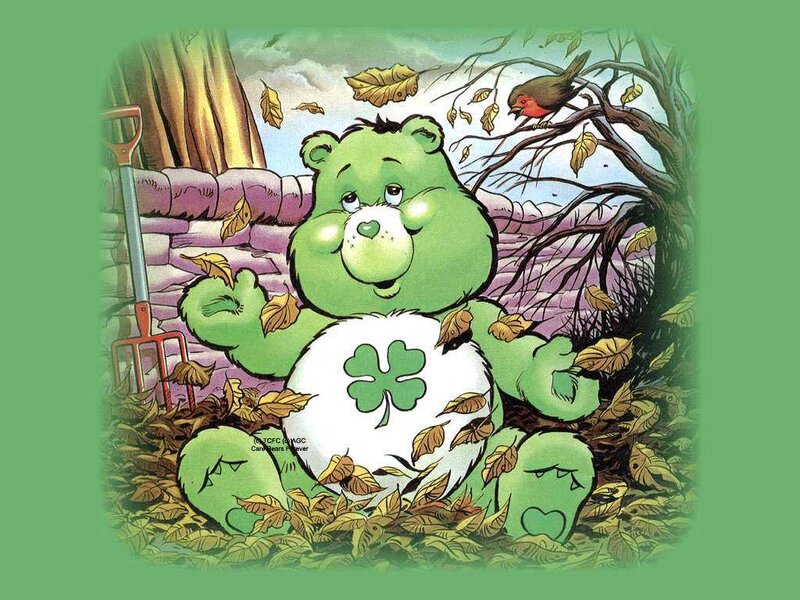 Green care bear in autumn leaves