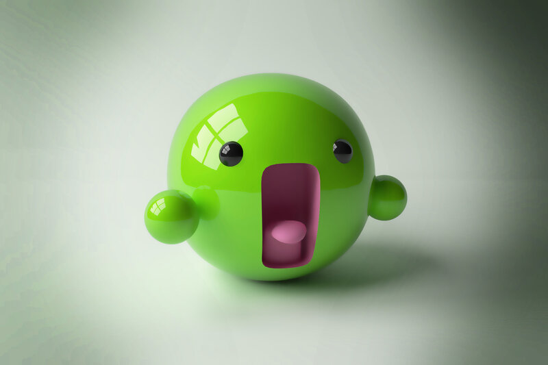 green cartoon character with open mouth