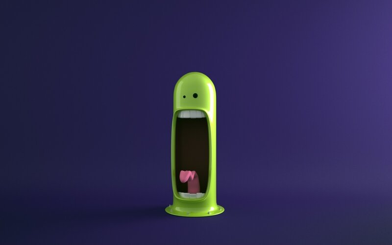 green cartoon character with open mouth