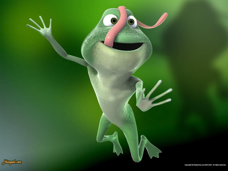 Green Cartoon Frog — Playful, 3d Render, Tongue, Waving Hand