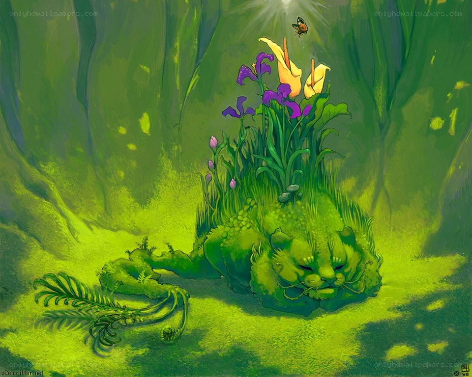 green cat with flowers