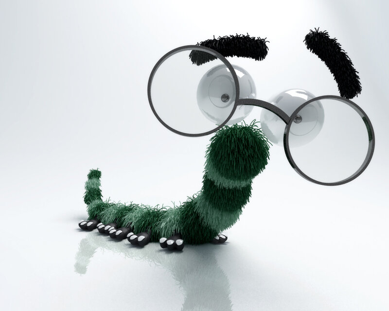 Green Caterpillar with Glasses — Playful, 3d Render, Eyebrows, Reflection
