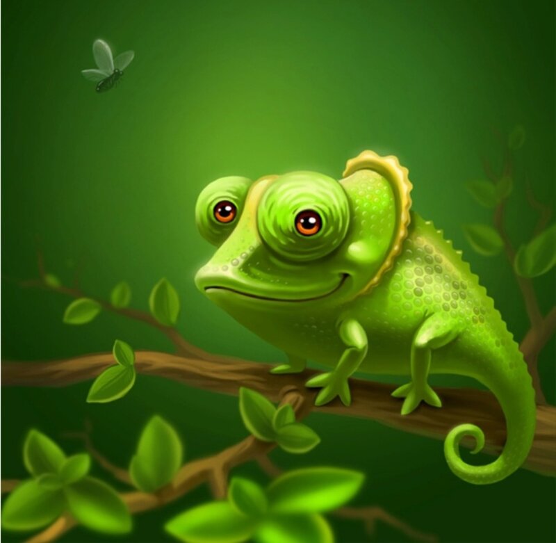 Green Chameleon on Branch — Calm, Digital Art, Fly