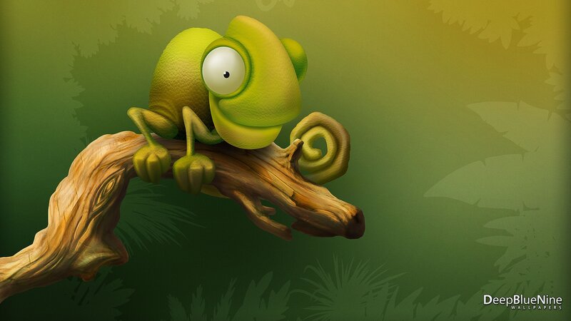 Green Chameleon on Branch — Calm, Digital Art
