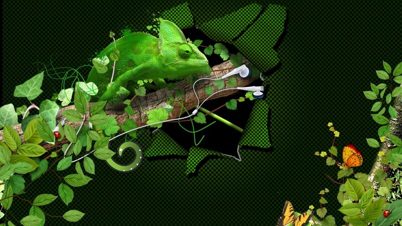 Green Chameleon on Branch — Natural, Digital Art