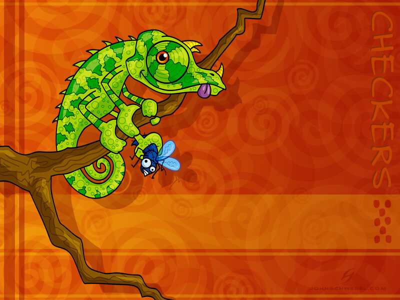 Green Chameleon on Branch — Orange, Playful, Digital Art, Fly