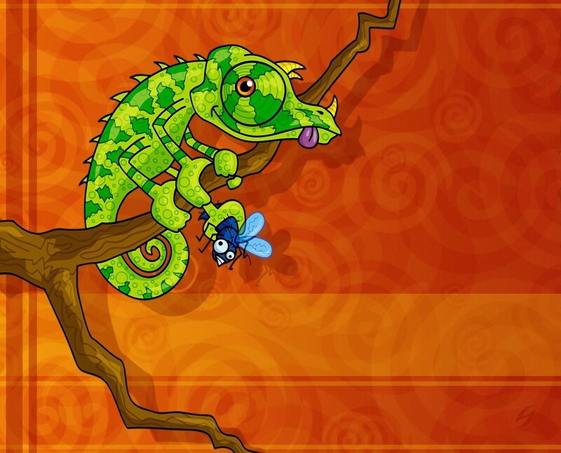 Green Chameleon on Branch — Orange, Playful, Digital Art, Fly, Tongue
