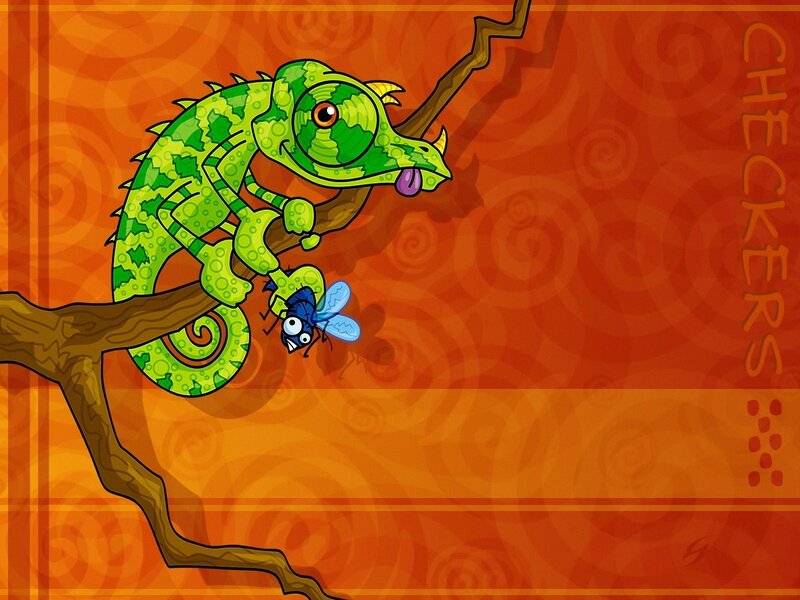 Green Chameleon on Branch — Orange, Playful