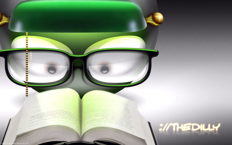 green character reading book
