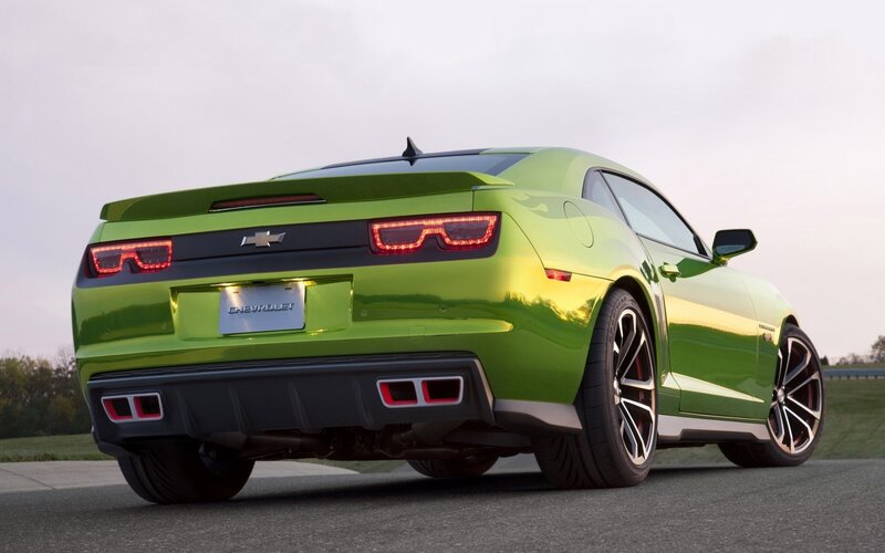 Green Chevrolet Camaro — Calm, Sunset, Photograph