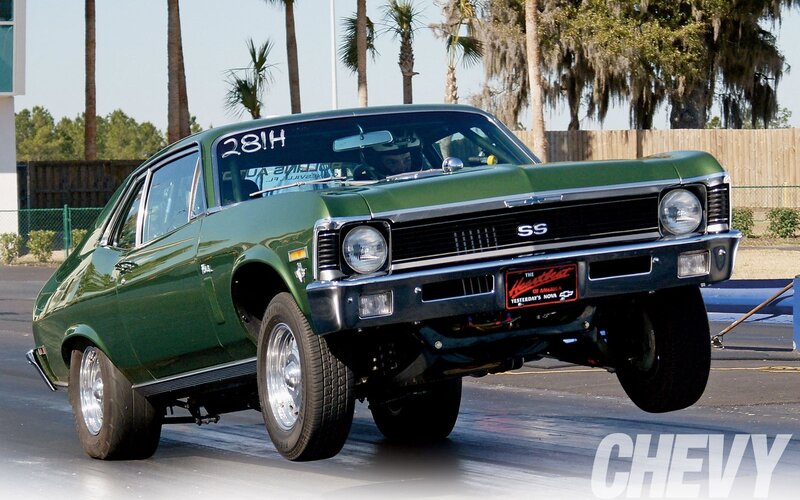 Green Chevy Nova drag racing