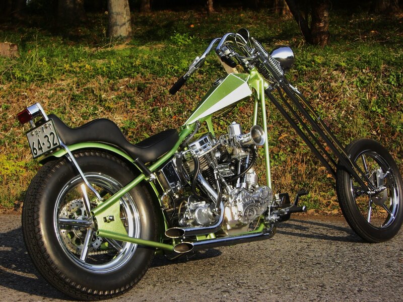 Green Chopper Motorcycle — Calm, Afternoon