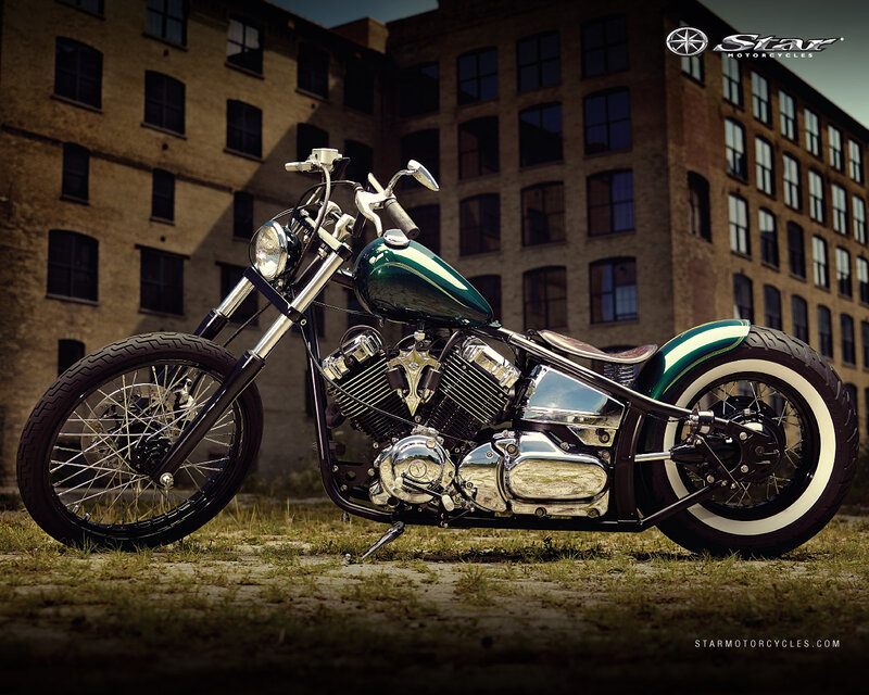 Green Chopper Motorcycle — Dramatic, Afternoon