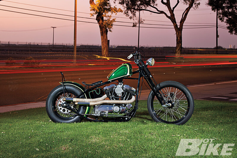 Green Chopper Motorcycle — Dramatic, Sunset