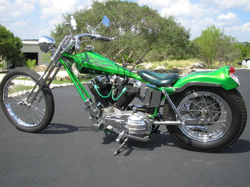 Green Chopper Motorcycle — Outdoor, Afternoon