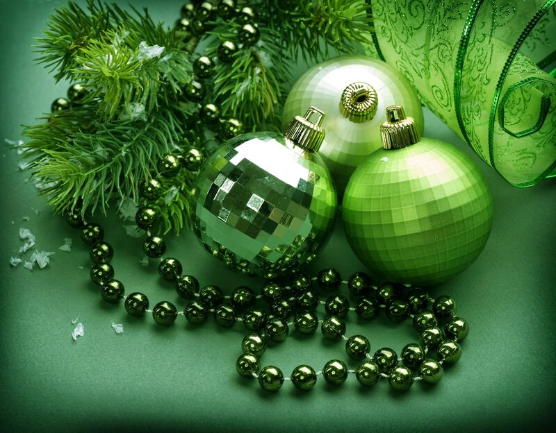 Green Christmas Ornaments — Festive, Winter, Photograph, Pine Branches