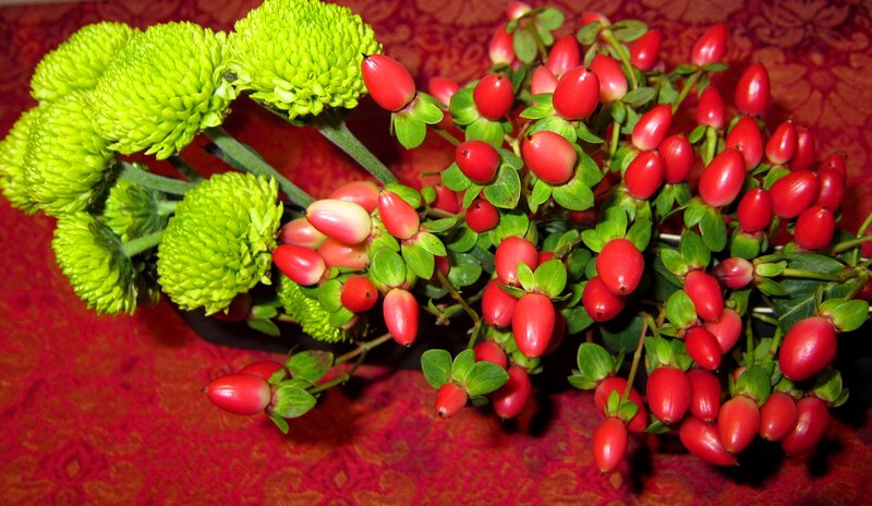 Green Chrysanthemums and Berries