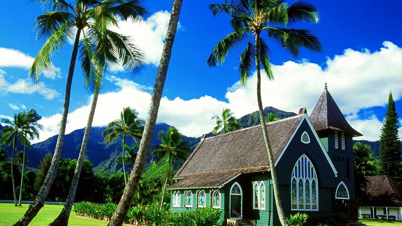 Green Church with Palm Trees — Blue, Serene, Afternoon, Photograph