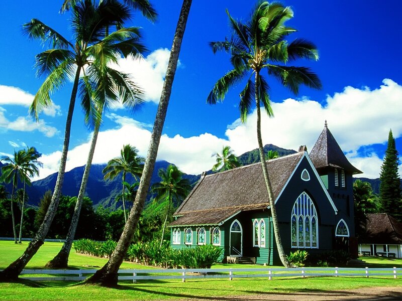 Green Church with Palm Trees