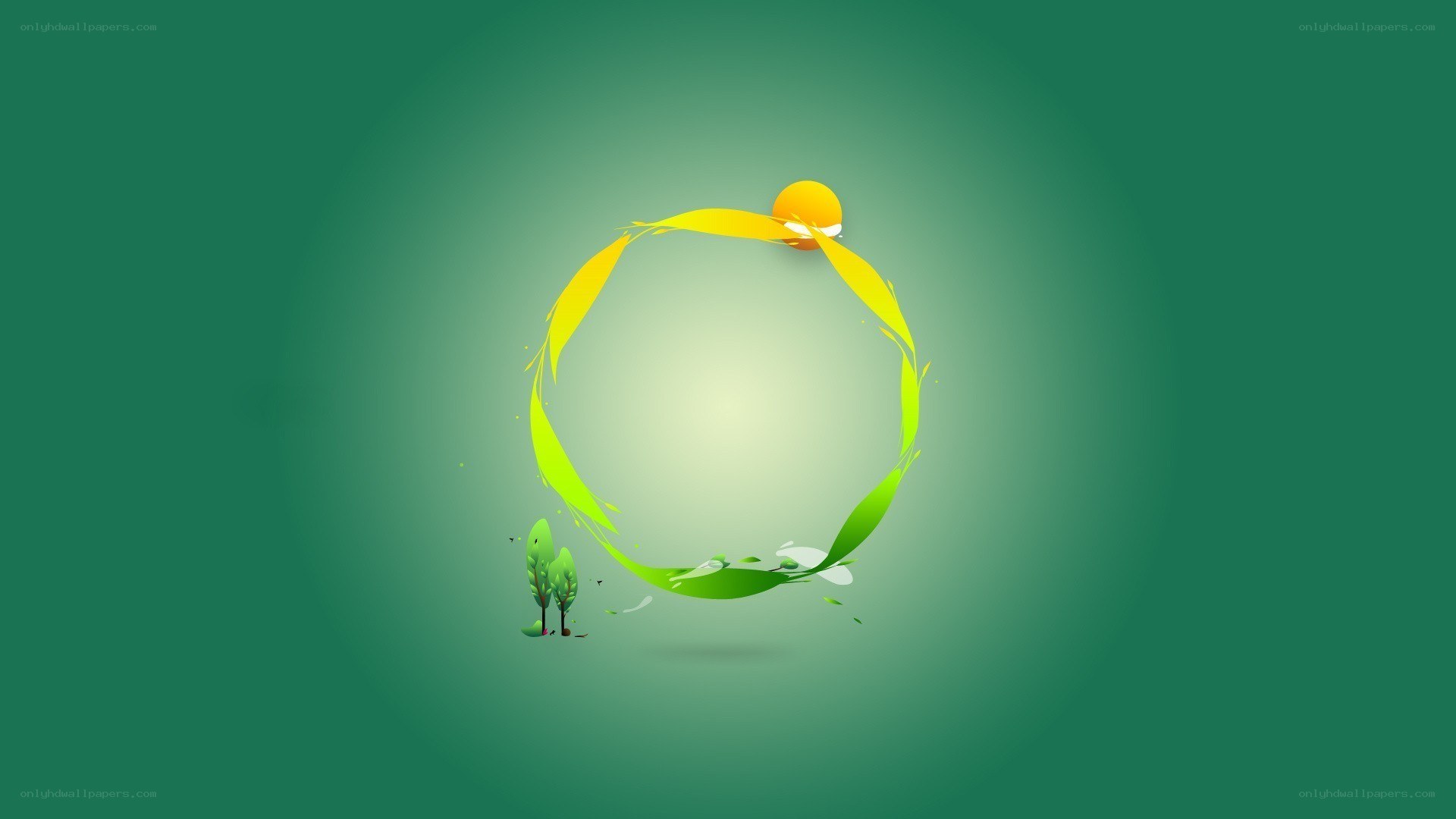 green circle with sun and trees