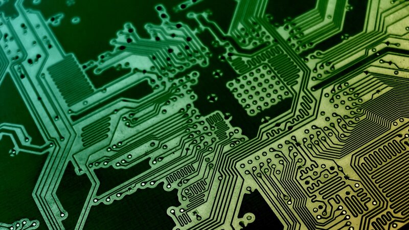 Green Circuit Board — Technical, Photograph, Electronic Components, Traces, Pads, Black