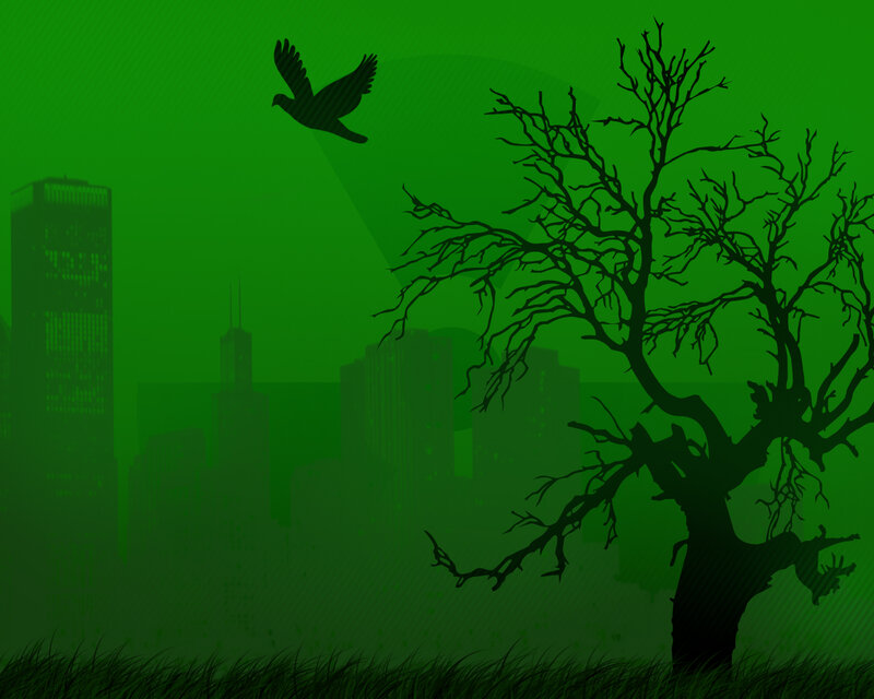 green cityscape with bird