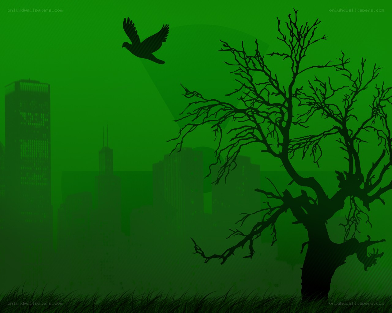 green cityscape with bird
