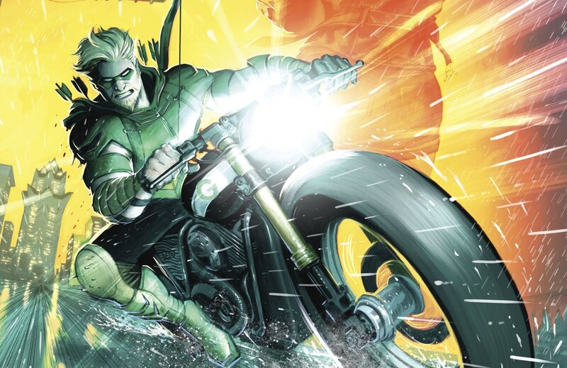 Green-clad Archer on Motorcycle