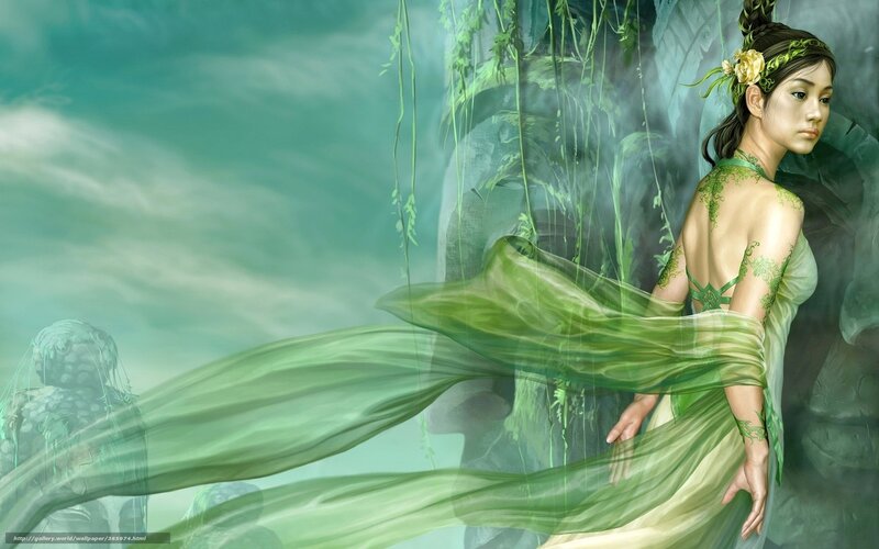Green-clad fantasy woman in mist