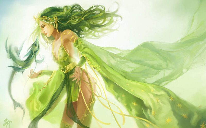 Green-Clad Fantasy Woman with Fish