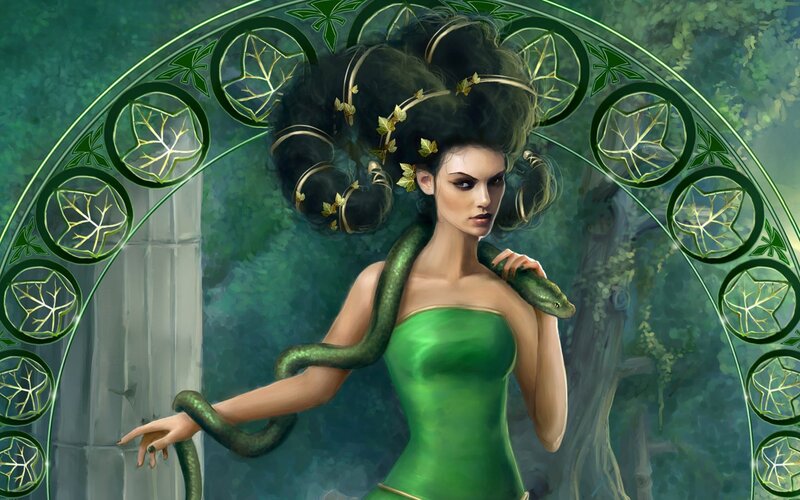 Green-clad woman with snake