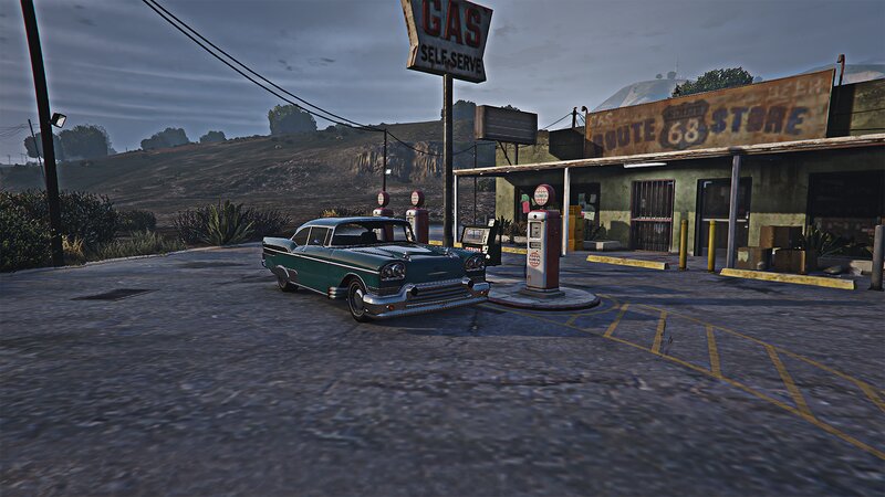 Green Classic Car at Gas Station