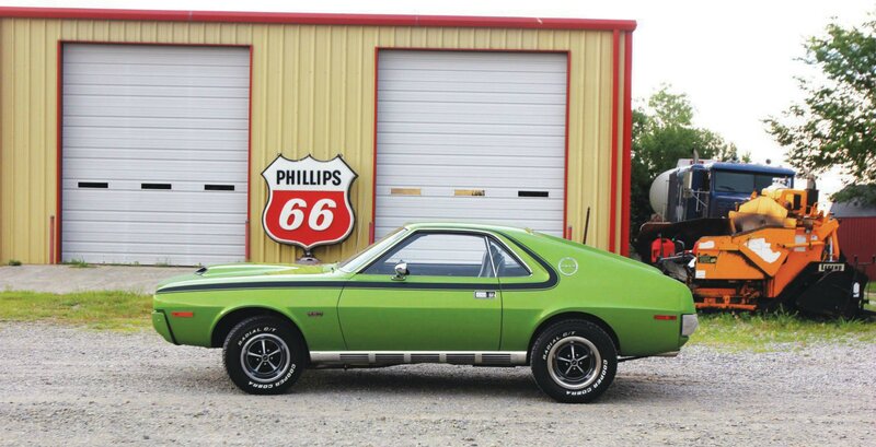 Green Classic Car — Calm, Afternoon, Photograph, Garage Building
