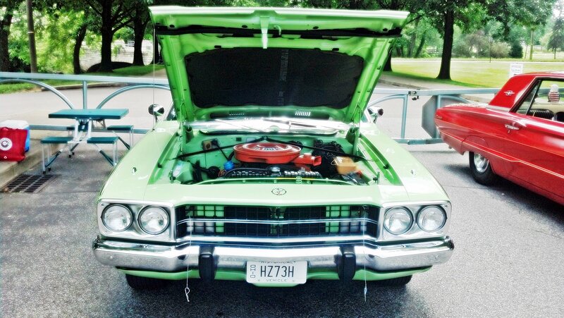 Green Classic Car — Calm, Afternoon, Photograph, Red Car, Picnic Table