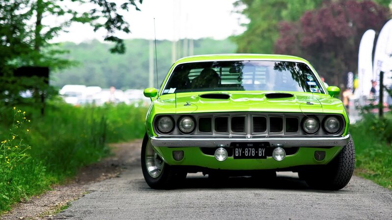 Green Classic Car — Calm, Afternoon, Photograph, Road, Trees, Grass